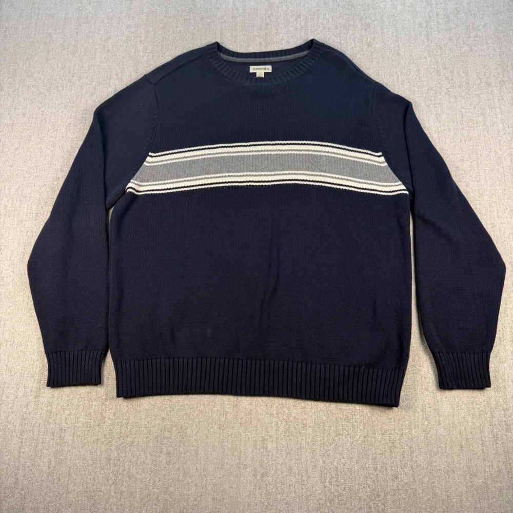 St. John's Bay Sweater Mens XL Navy Blue Striped Cotton Crewneck Knit Pullover